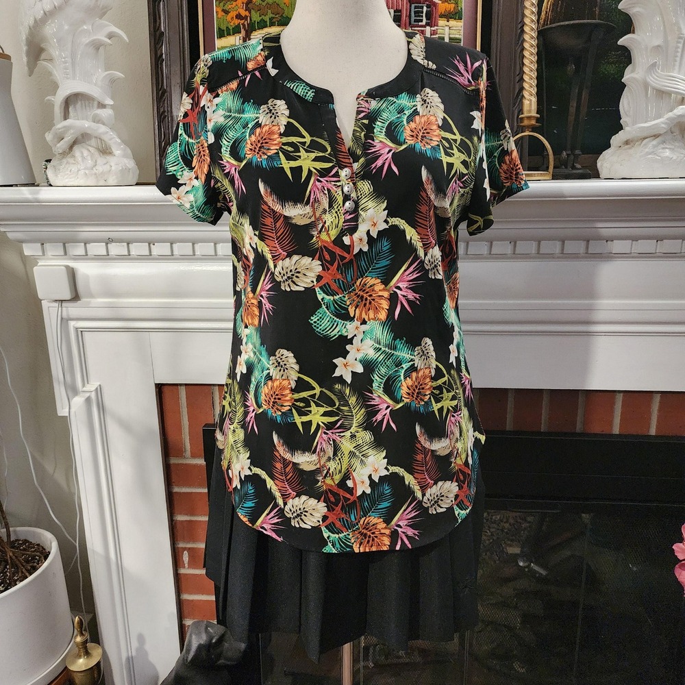 M‎ Black Tropical Themed Blouse by Christopher Banks